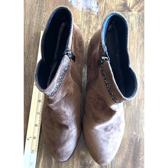 Brown Boots Womens Size 10 Suede & Glitter Ankle Boots Side Zipper & Chunky Heel - Picture 11 of 13